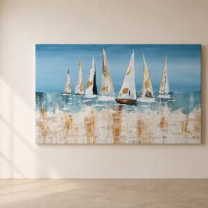 Cuadro Veleros Azules pintado a mano con veleros sobre el mar en tonos azul, blanco, beige y dorado, colgado sobre una pared beige con suelo de microcemento claro, ideal para decorar salones modernos de estilo mediterráneo, costero y contemporáneo.