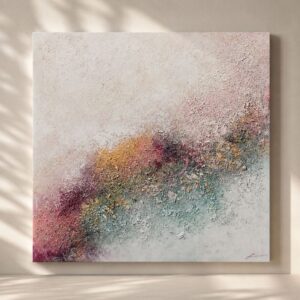 Cuadro abstracto contemporáneo con textura artística en relieve, compuesto por suaves tonos coral, rosa empolvado, turquesa, burdeos y detalles dorados. La obra presenta una composición orgánica y fluida que transmite movimiento, delicadeza y sofisticación. Ideal para decorar salones, dormitorios, recibidores y espacios de estilo moderno, nórdico o contemporáneo, aportando color, luminosidad y un toque artístico exclusivo.