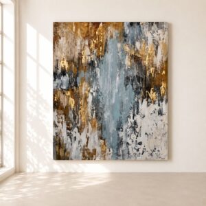 Cuadro abstracto Cerdeña pintado a mano en tonos azul grisáceo, blanco, beige, marrón y dorado con textura, ideal para decorar salones modernos y elegantes.
