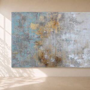 Cuadro abstracto Isla Barbuda pintado a mano en tonos turquesa, blanco, gris y dorado con texturas, ideal para decorar salones modernos, elegantes y de estilo mediterráneo.