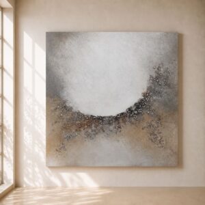 Cuadro abstracto Titán pintado a mano en tonos blanco, beige, arena y gris, con textura artesanal y composición circular contemporánea para decorar salones, comedores y dormitorios modernos.