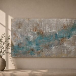 Cuadro abstracto moderno en tonos turquesa, gris piedra, beige y blanco con textura matérica y efecto envejecido, presentado en un salón minimalista con jarrón cerámico y ramas verdes decorativas.