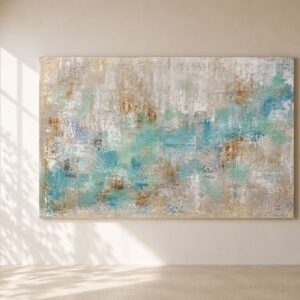Cuadro abstracto horizontal Sa Calobra pintado a mano en tonos verde agua, beige, blanco y arena con textura artesanal para salones modernos, mediterráneos y estilo ibicenco.