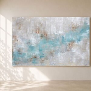 Cuadro abstracto Sa Calobra pintado a mano en tonos turquesa, beige, blanco y arena, ideal para decorar salones modernos, mediterráneos y minimalistas.