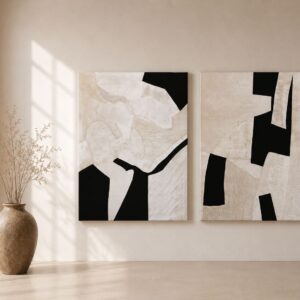 Díptico abstracto de texturas en blanco roto y negro pintado a mano para decoración moderna y minimalista