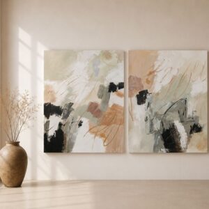 Díptico abstracto Montepulciano pintado a mano en tonos beige, blanco, gris, negro y tierra con textura contemporánea