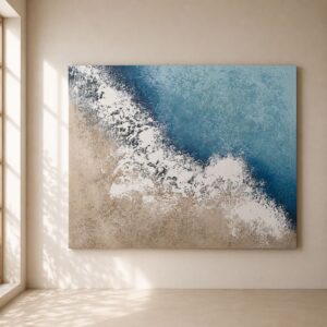 Cuadro Cala en Baster pintado a mano con ola del mar en tonos azules, blancos y arena para salón moderno | Home Original