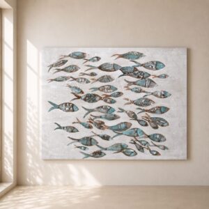 Cuadro Pescando Sardinillas pintado a mano con peces en tonos neutros para salón moderno | Home Original
