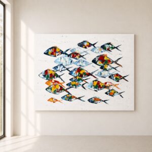 Cuadro Pescando Arco Iris pintado a mano con peces en tonos neutros para salón moderno | Home Original
