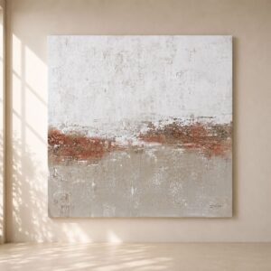 Cuadro abstracto pintado a mano en tonos blanco roto, beige, terracota y gris piedra, ideal para decoración de salones modernos, mediterráneos y estilo japandi.