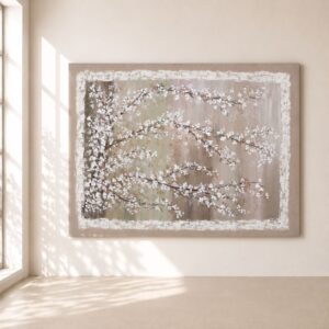 Cuadro Almendro en Flor pintado a mano con ramas de almendro en flor sobre fondo beige en tonos neutros rosados para decoración de salón, comedor o dormitorio.