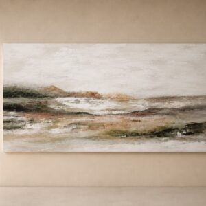 Cuadro abstracto inspirado en los paisajes de La Alpujarra, con suaves horizontes en tonos beige, tierra, gris y verde empolvado. Obra contemporánea de estilo minimalista y orgánico, ideal para decoración wabi sabi, mediterránea y moderna.