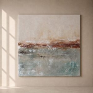 Cuadro abstracto Otoño 5 en tonos beige, terracota y azul verdoso colocado sobre pared minimalista iluminada por luz natural. Pintura contemporánea texturizada inspirada en paisajes serenos y reflejos de agua.