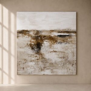 Cuadro abstracto contemporáneo en tonos beige, arena, blanco roto y marrón oscuro, inspirado en un paisaje minimalista. Obra texturizada de estilo moderno y elegante presentada sobre pared neutra en ambiente luminoso, ideal para decoración wabi sabi, nórdica y mediterránea.