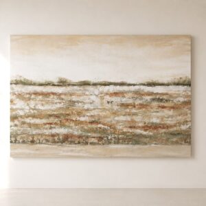 Cuadro de paisaje abstracto pintado a mano en tonos beige, arena, blanco, terracota y verde oliva, ideal para decoración de salones modernos, mediterráneos y estilo japandi.