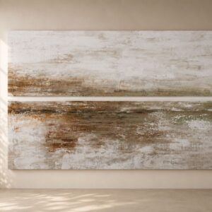 Cuadro abstracto panorámico pintado a mano en tonos beige, blanco, tierra y verde oliva, ideal para salones modernos, decoración mediterránea y estilo japandi.