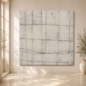 Cuadro abstracto cuadrado Sabi pintado a mano en tonos beige, blanco roto y gris con textura en relieve y diseño minimalista para salones modernos, mediterráneos y estilo wabi sabi.