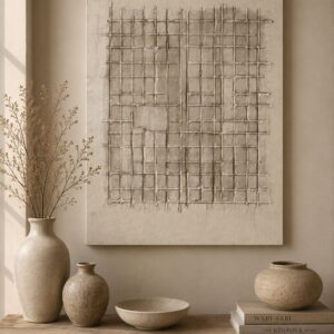Cuadro abstracto texturizado estilo wabi-sabi en tonos beige, blanco roto y taupe con diseño geométrico de cuadrícula artesanal en relieve.
