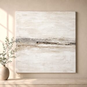 Cuadro abstracto pintado a mano en tonos blanco roto, beige y gris topo, de estilo wabi-sabi y minimalista, ideal para salones modernos y decoración japandi.