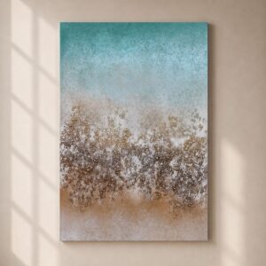 Cuadro abstracto vertical Cozumel en tonos turquesa, blanco y arena con textura artística inspirada en paisajes marinos y atmósferas costeras.