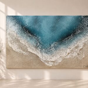 Cuadro abstracto marino horizontal Playa de Zahora en tonos azul turquesa, blanco espuma y arena beige, inspirado en una vista aérea de la costa.