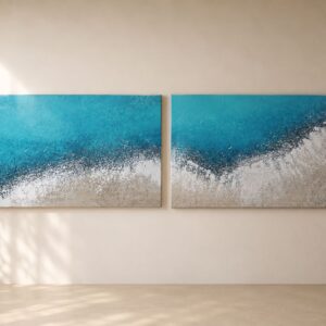 Díptico de cuadros abstractos marinos pintados a mano en tonos turquesa, azul océano, blanco y arena, inspirado en la playa de Sa Conca, ideal para decoración mediterránea y salones modernos.