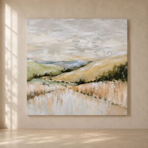 Cuadro Córdoba de paisaje abstracto en tonos verdes, beige y blanco sobre pared de salón moderno con luz natural.