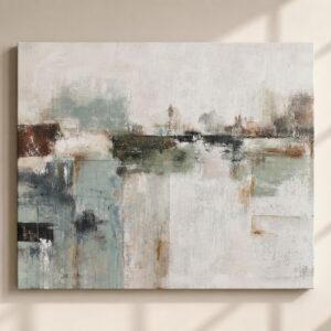 Cuadro abstracto moderno en tonos verde agua, beige, blanco y gris sobre lienzo, pintura contemporánea elegante para salón y decoración de interiores.