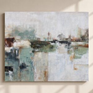 Cuadro abstracto pintado a mano en tonos verde agua, beige y blanco para salón moderno de estilo mediterráneo y wabi-sabi.
