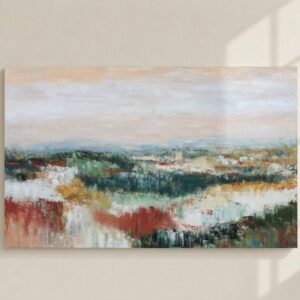 Cuadro de paisaje abstracto Campo de Montiel pintado a mano, con tonos verdes, ocres y terracota, expuesto sobre una pared beige con luz natural.