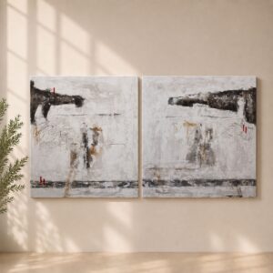 Díptico de cuadros abstractos Arco 44 y Arco 45 en tonos blanco, negro, beige y detalles rojos sobre pared de salón moderno.