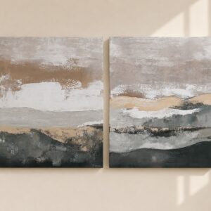 Díptico abstracto contemporáneo en tonos beige, gris y negro con texturas orgánicas y composición minimalista inspirado en paisajes serenos.