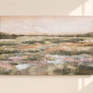 Cuadro abstracto de paisaje contemporáneo inspirado en Medina del Campo, con tonos suaves tierra, verdes y rosados, texturas matéricas y atmósfera serena.