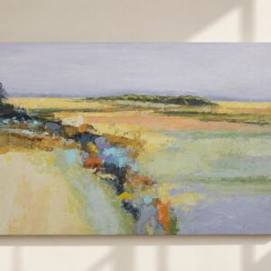 Pintura abstracta de paisaje castellano con campos dorados, tonos pastel y pinceladas expresionistas sobre lienzo.
